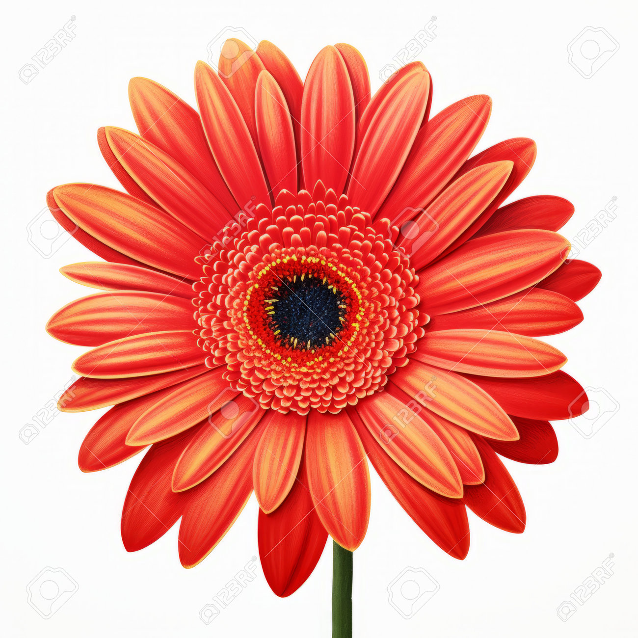 Red Gerbera Flower On A White Background, Depicted In A Style Reminiscent  Of Realistic Figurative Paintings. This Simple Yet Colorful Illustration  Showcases Light Orange And Dark Emerald Hues, With High-contrast Shading And, image size:1300x1300