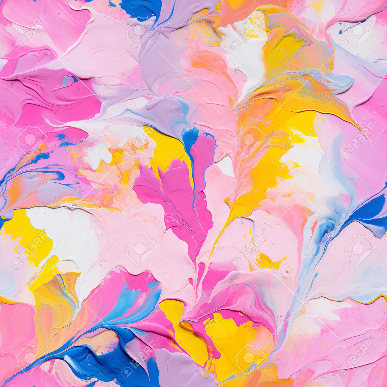 ピンク、イエロー、オレンジ、ブルーの色合いが混ざり合った鮮やかな