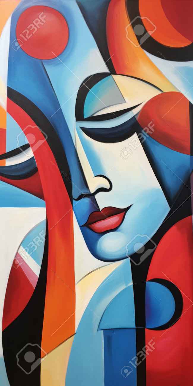 キャンバスにアクリルで描かれた女性の顔の鮮やかな肖像画は