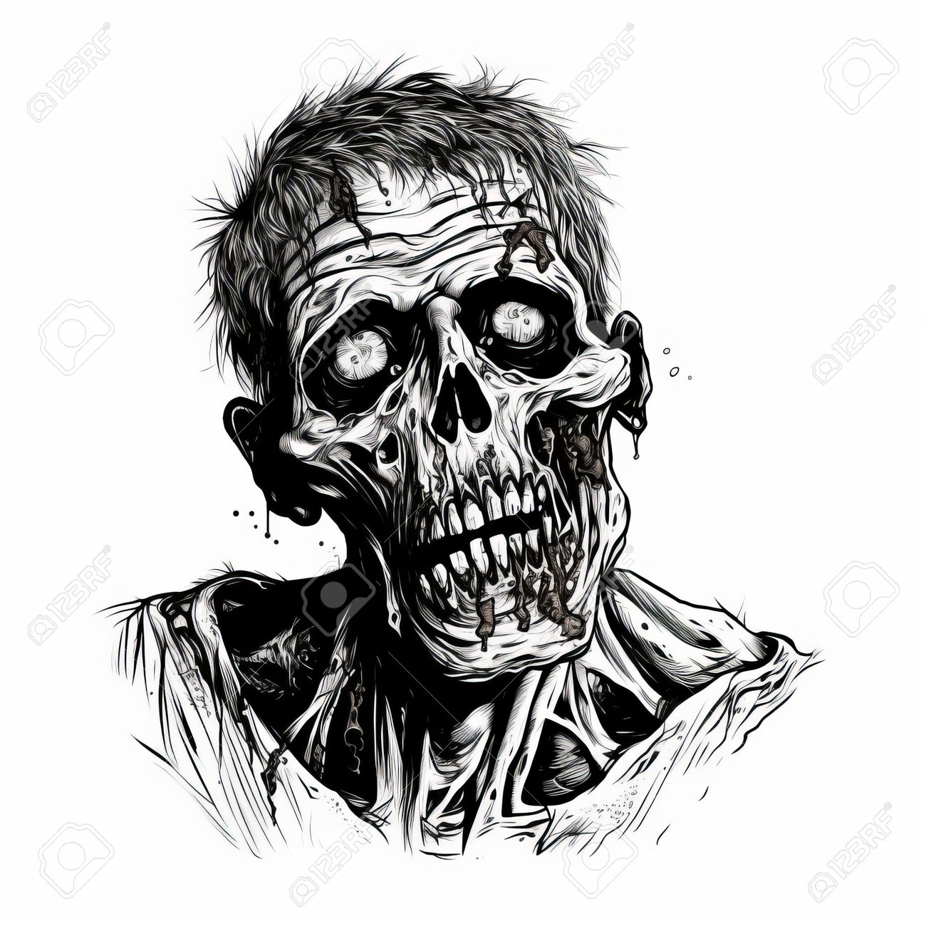 A Zombie Face, Meticulously Drawn By An Artist, Showcases Intricate Details  In The Style Of Dark White And Light Bronze Ink Illustrations. This  Hyper-detailed, Full-body Depiction Captures The Angular Features Commonly  Associated, image size:1300x1300