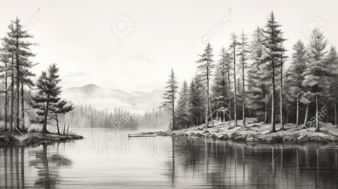 湖畔の森の白黒イラストで、柔らかな色調のリアルな風景を表現し
