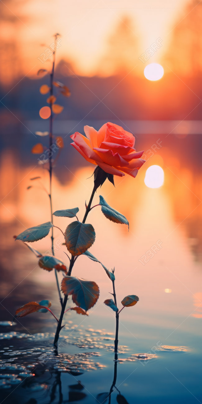 A Nature-inspired Photo Of A Rose Wallpaper Featuring A Beautiful Flower In  The Style Of Light Sky-blue And Dark Orange. The Romantic Riverscapes  Create A Stunning Backdrop, Enhanced By The Backlight. Captured, image size:650x1300