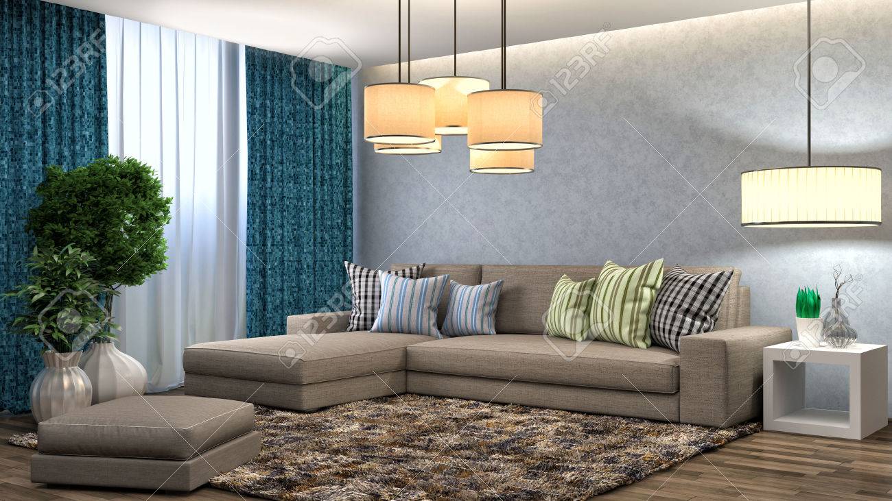 茶色のソファとインテリア 3 D イラストレーション の写真素材 画像素材 Image