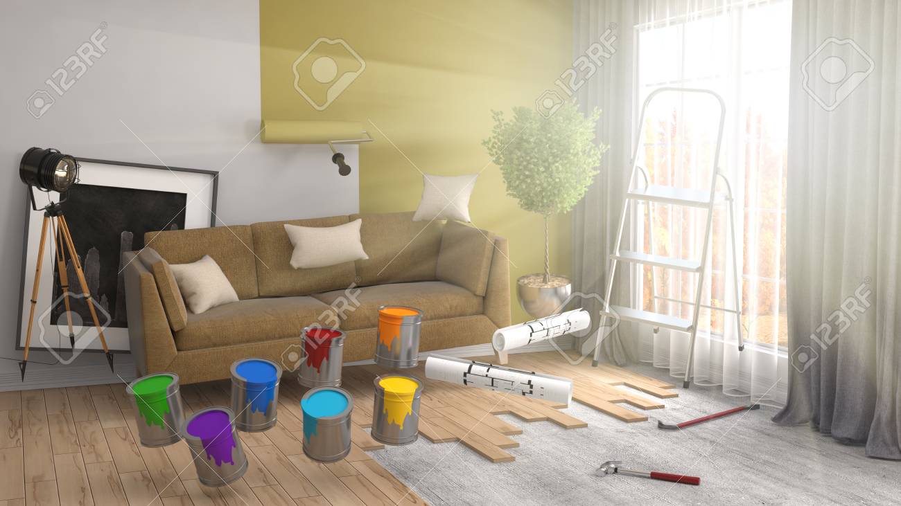 修理と部屋の壁の絵 3 D イラスト の写真素材 画像素材 Image