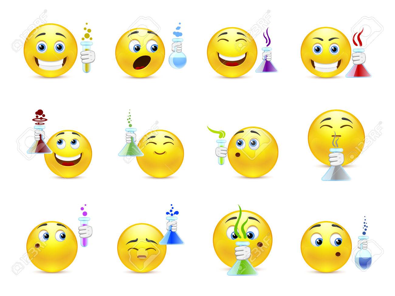 手でフラスコと若いかわいい絵文字科学者 のイラスト素材 ベクタ Image