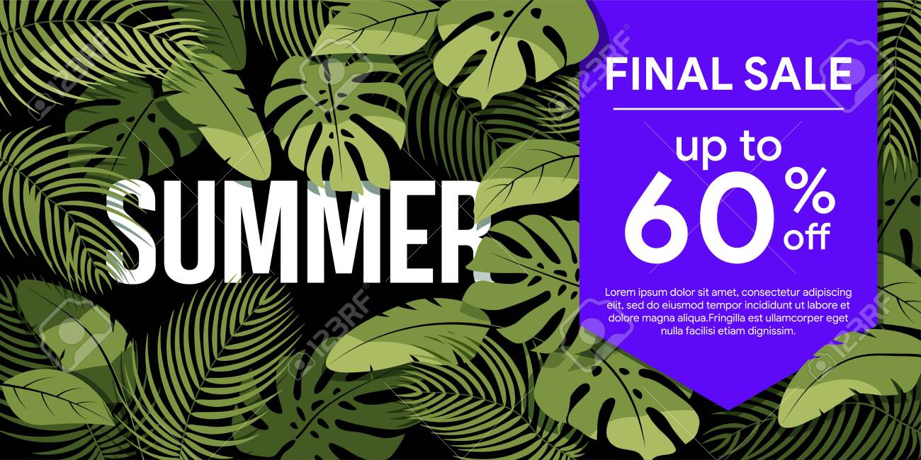 Final sale up to 60% off Green tropical leaves on a black background. Summer floral frame with tropical plants. Sale banner, poster with palm leaves and hibiscus. Discount background - 132655783 Final sale up to 60% off Green tropical leaves on a black background. Summer floral frame with tropical plants. Sale banner, poster with palm leaves and hibiscus. Discount background - 132655783