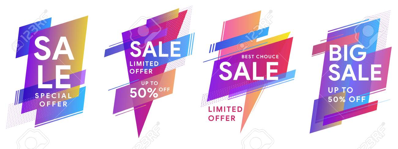 Set of colored stickers and sale banners. Flat geometric liquid shapes. Best Offer sale banners for social media, web page, promotion. Template for horizontal text. Vector illustration eps 10 - 138964509 Set of colored stickers and sale banners. Flat geometric liquid shapes. Best Offer sale banners for social media, web page, promotion. Template for horizontal text. Vector illustration eps 10 - 138964509