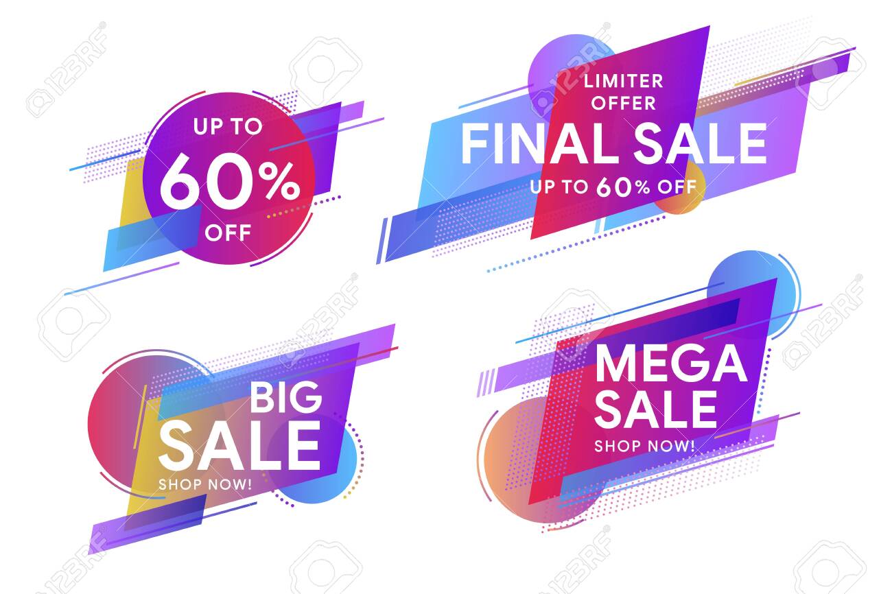 Set of colored stickers and sale banners. Discount up to 60% off. Trendy minimal design as template for cover, presentation, banner. Geometric colorful abstract shapes set for banner web, app. - 138964643 Set of colored stickers and sale banners. Discount up to 60% off. Trendy minimal design as template for cover, presentation, banner. Geometric colorful abstract shapes set for banner web, app. - 138964643