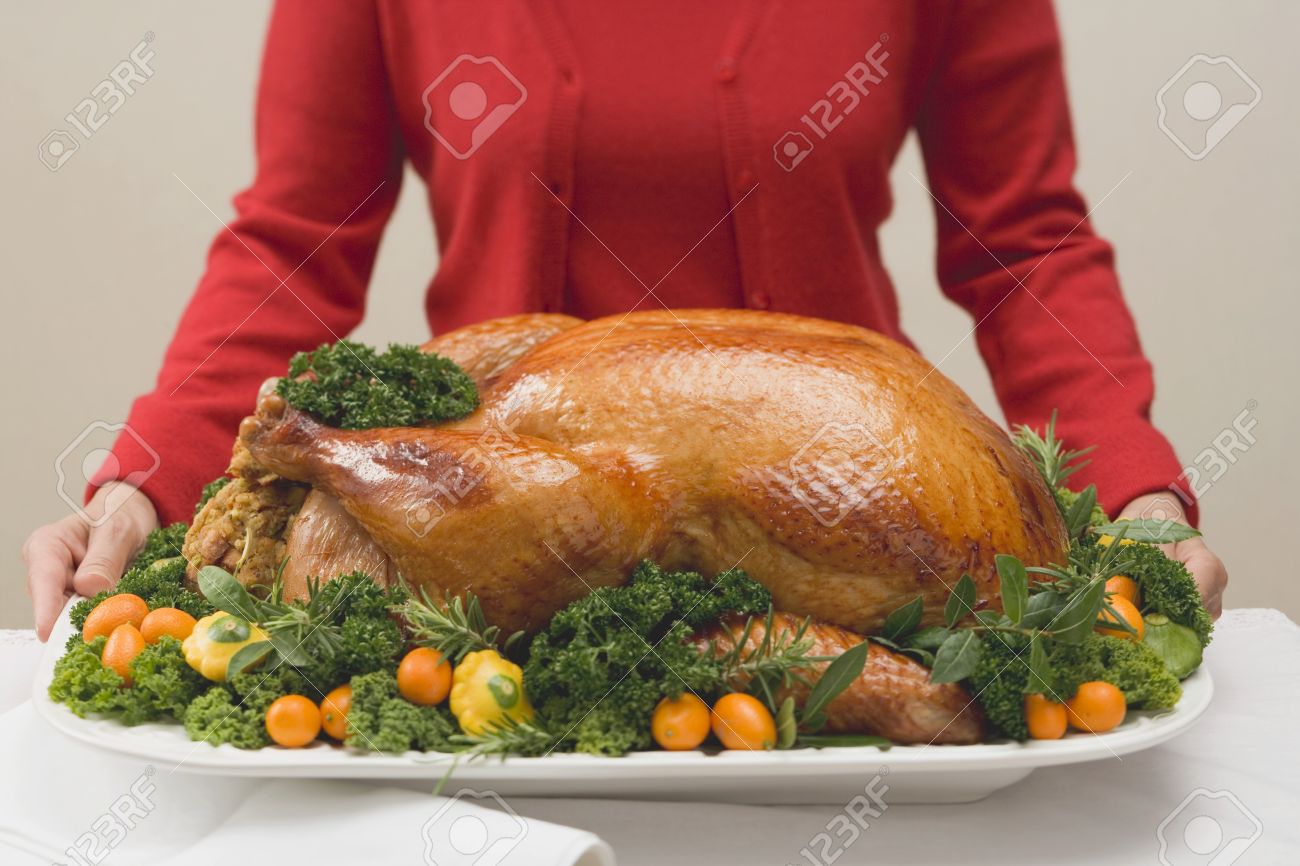 Stock Photo Woman Holding Roast Turkey On Large Platter Stock Photo Woman Holding Roast Turkey On Large Platter