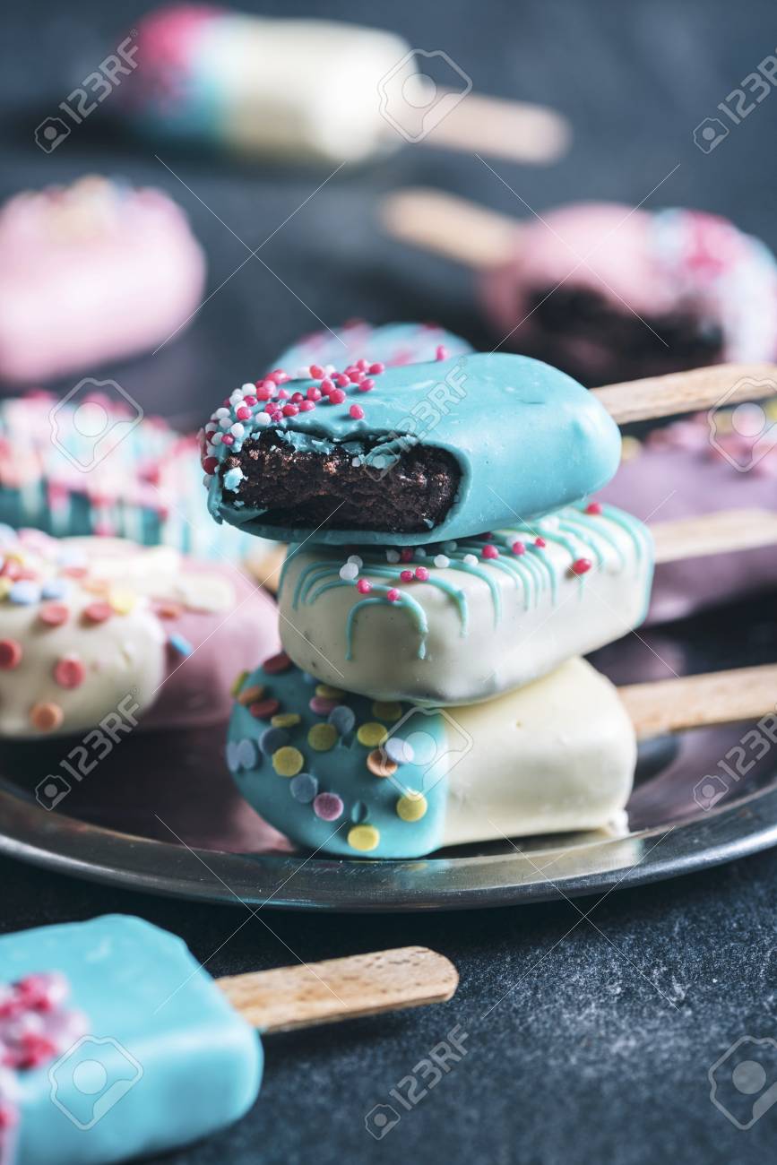 Cake Pops In The Shape Of Ice Lollies With Brightly Coloured Stock