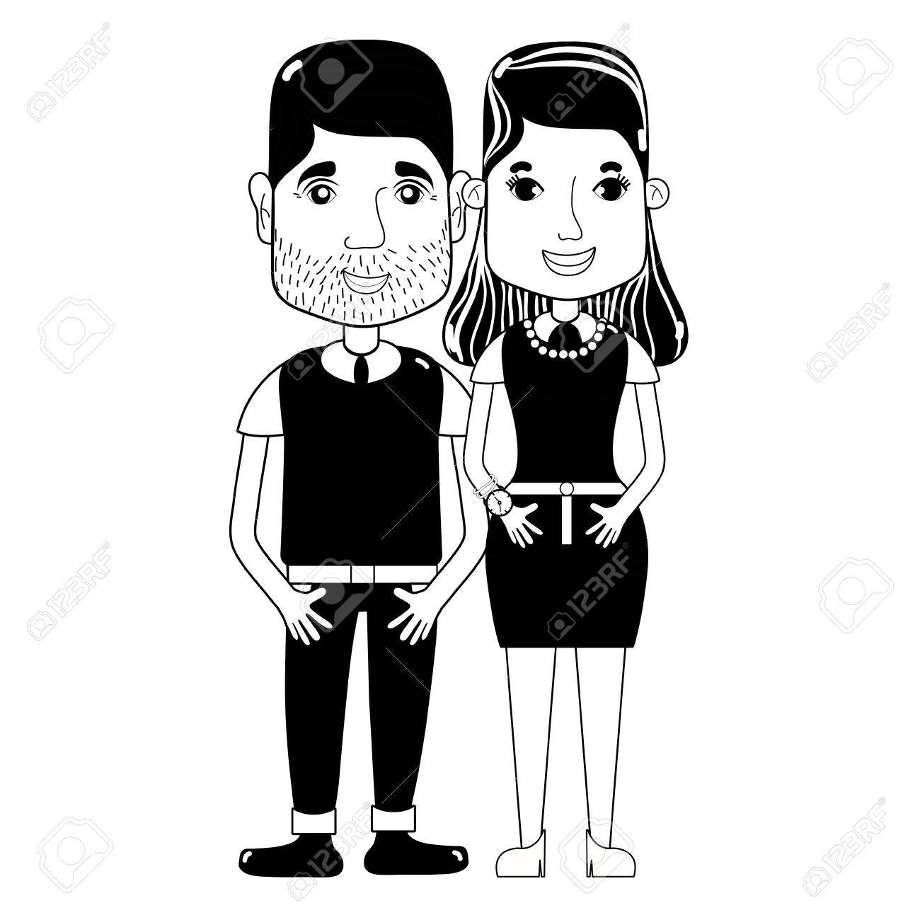 カジュアルな服と髪型の輪郭の素敵なカップル のイラスト素材 ベクタ Image