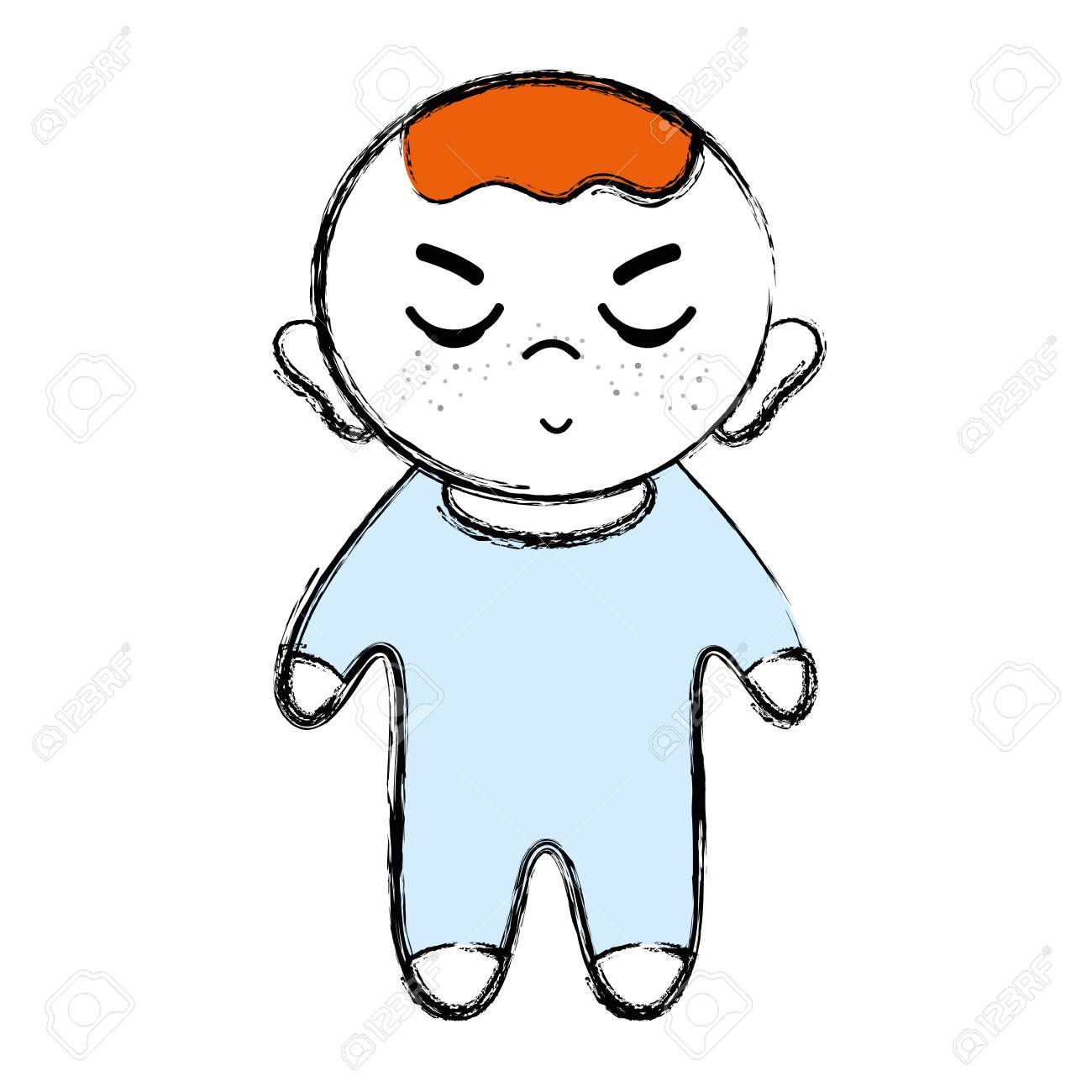 漫画の髪型とオーバー オール パジャマ服怒った顔とかわいい男の子のイラスト のイラスト素材 ベクタ Image