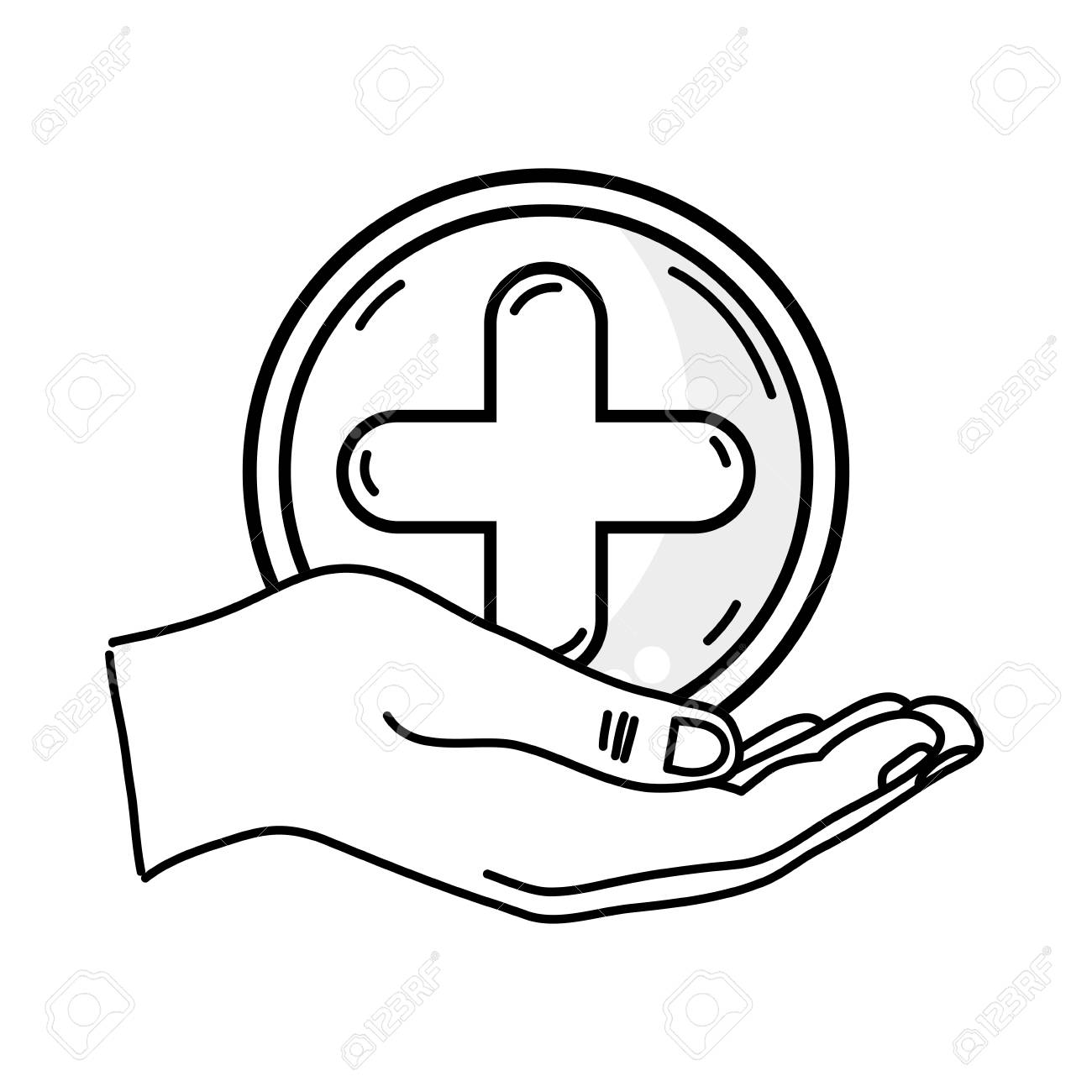 Outline Drawing Of Hand Holding A Cross Medicine Symbol To Help Royalty Free Cliparts Vectors And Stock Illustration Image 83728090