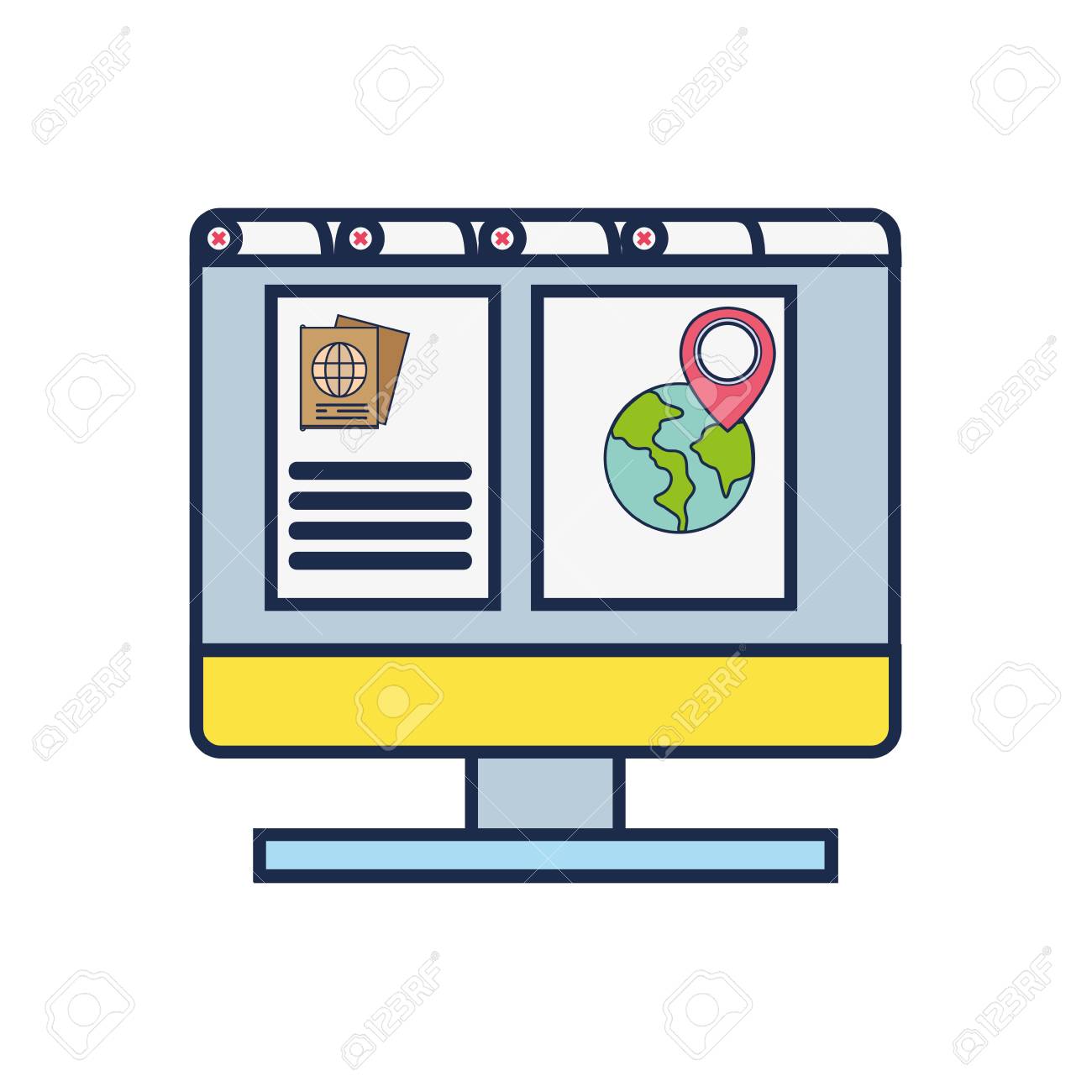 computer with webside to travel tickets and location symbol vector webside