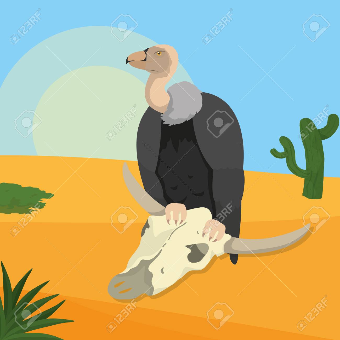 砂漠ベクトルイラストグラフィックデザインの頭蓋骨を持つハゲタカのイラスト素材 ベクタ Image 砂漠ベクトルイラストグラフィックデザインの頭蓋骨を持つハゲタカのイラスト素材 ベクタ Image