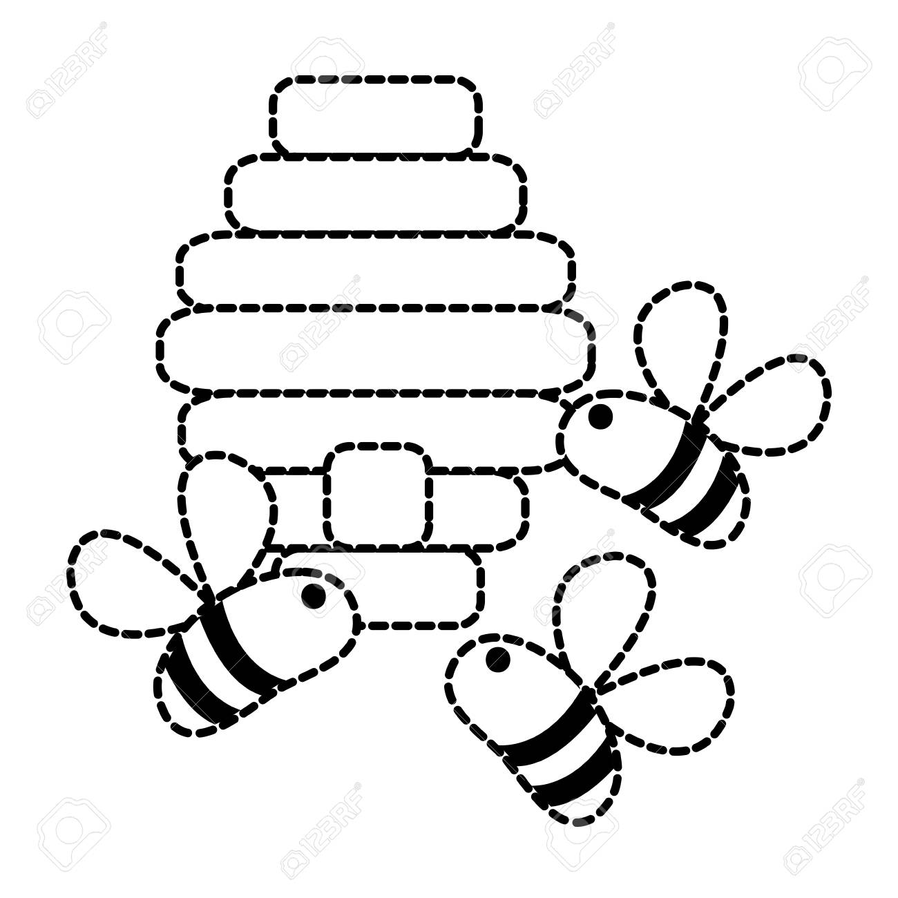 ハニカムのまつじりで飛ぶかわいいミツバチの昆虫の点線のイラスト素材 ベクタ Image 95657556