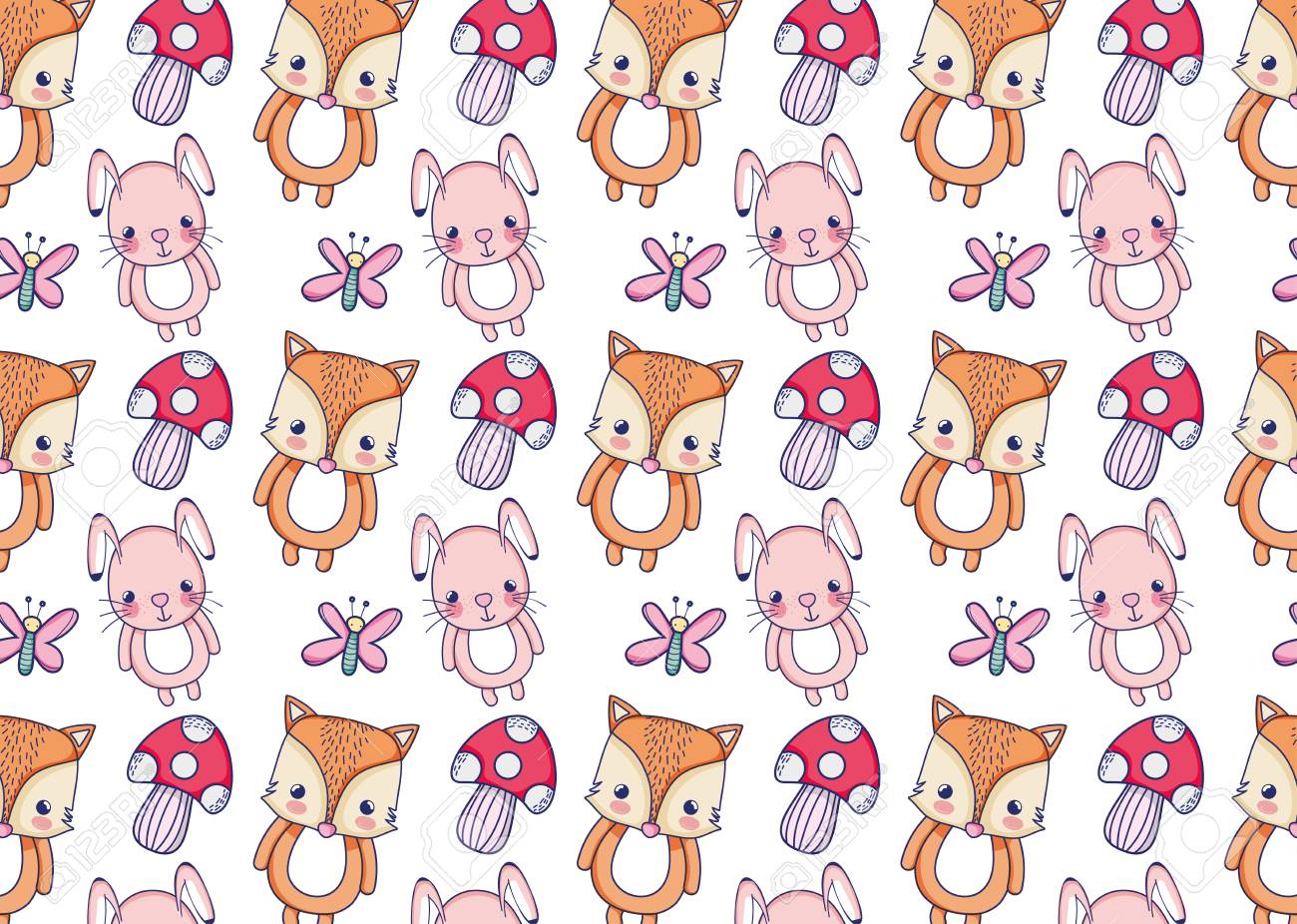 かわいいバニーとキツネ柄の背景イラスト のイラスト素材 ベクタ Image