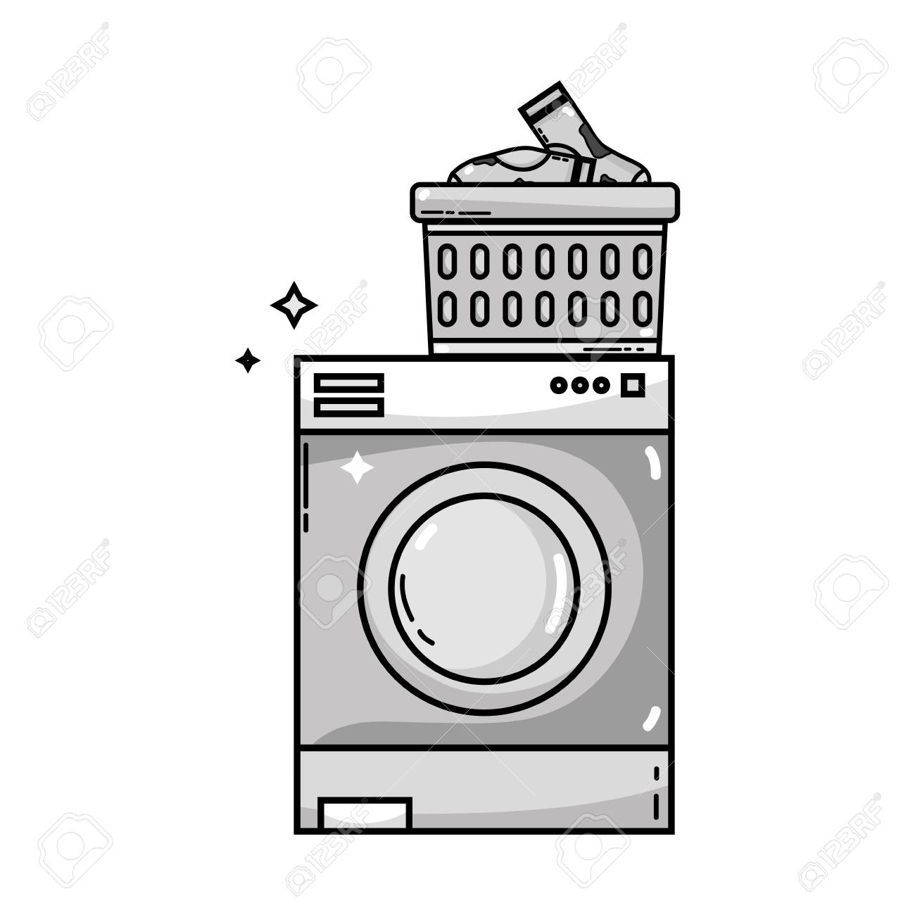 グレースケール電子洗濯機と汚れた靴下のベクトルイラストとバスケットのイラスト素材 ベクタ Image