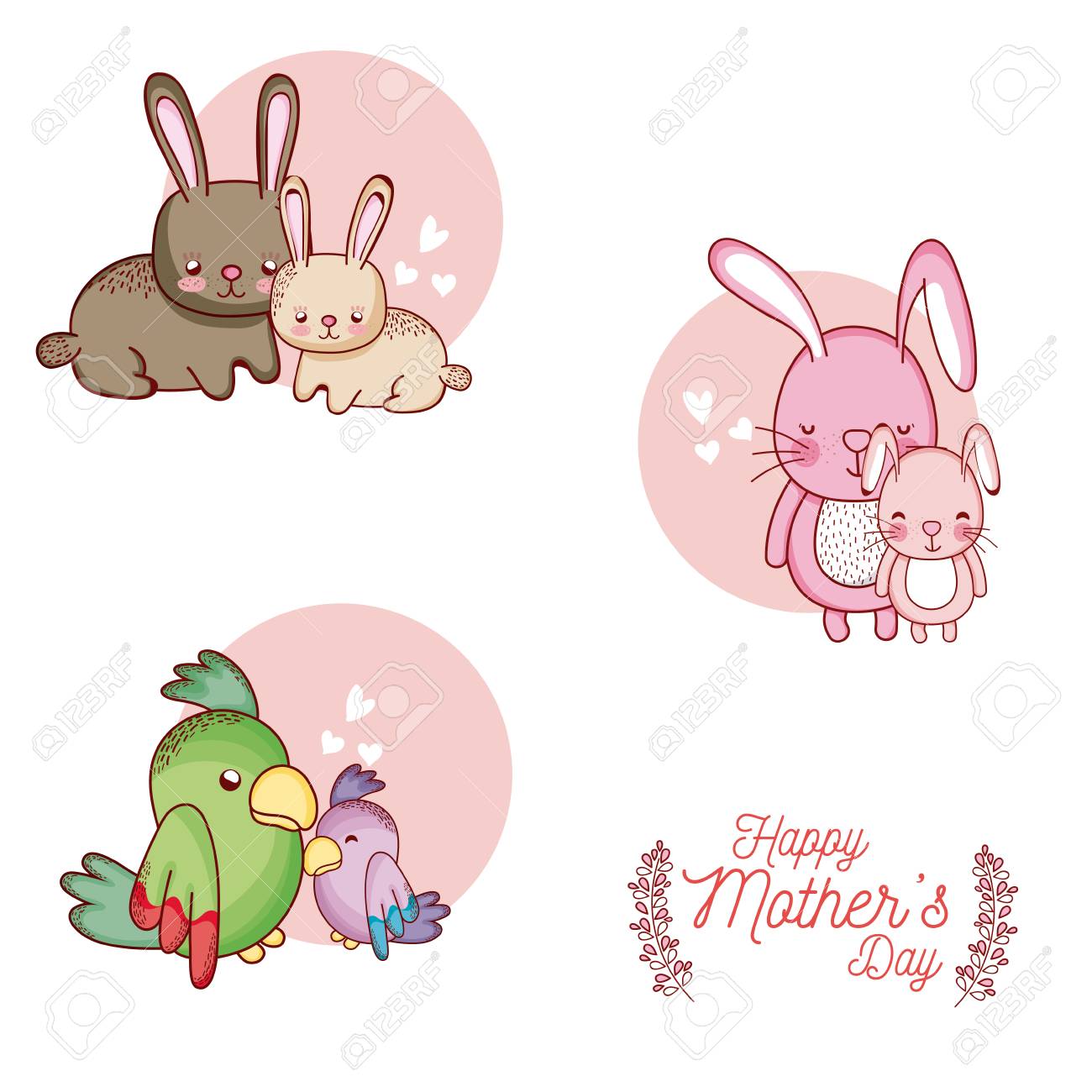 かわいい漫画の動物のデザインと母の日のグリーティングカード のイラスト素材 ベクタ Image