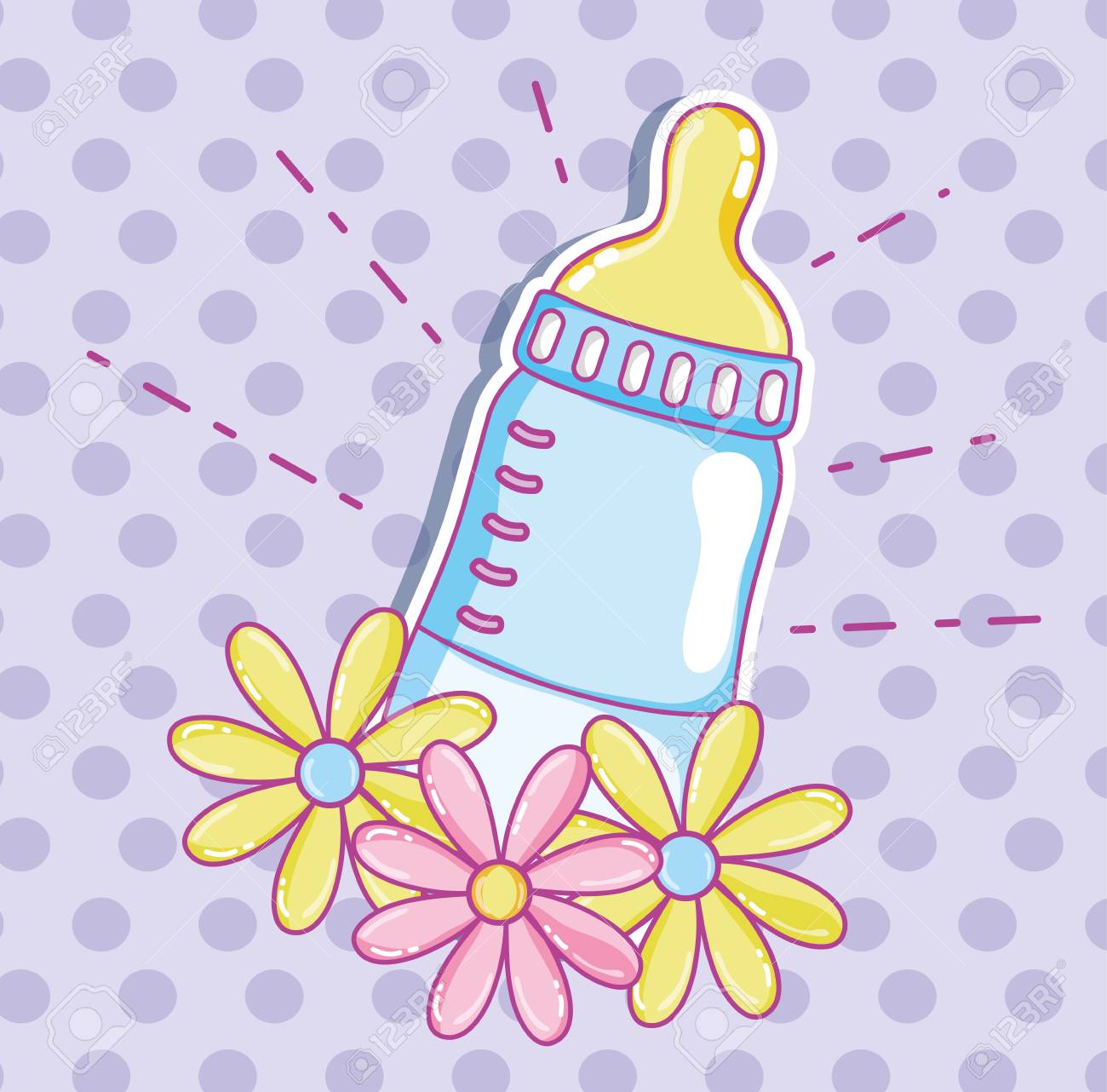 Cute Baby Bottle With Flowers On Purple Background Royalty Free
