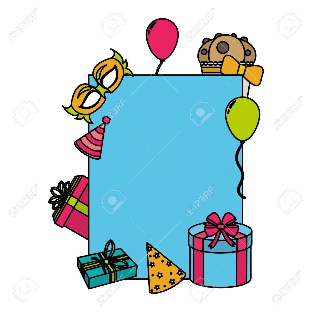 color emblem decoration with birthday party things