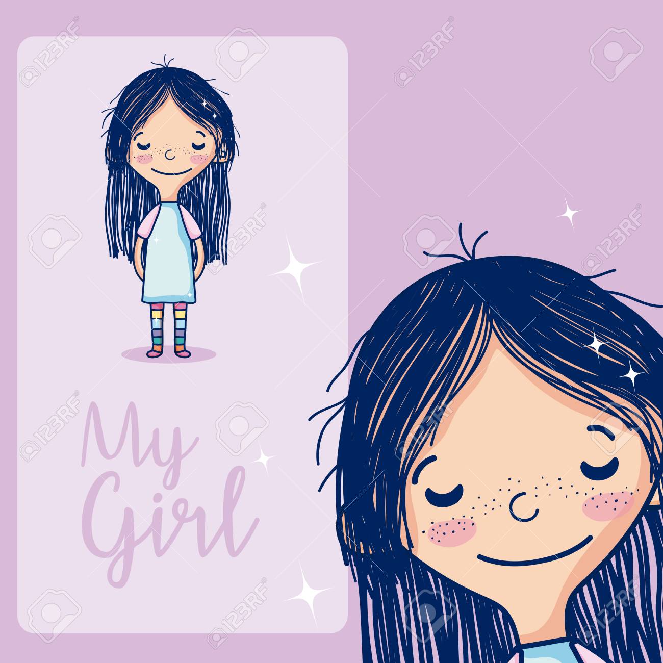 Beautiful Girl Smiling Cute Cartoon Over Pastel Color Background