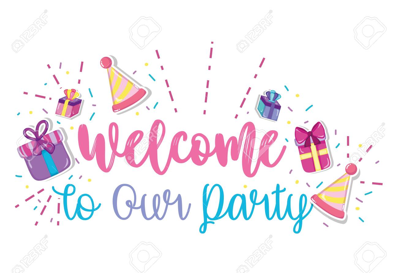 Welcome To Our Party With Cartoons Vector Illustration Graphic Royalty Free Cliparts Vectors And Stock Illustration Image
