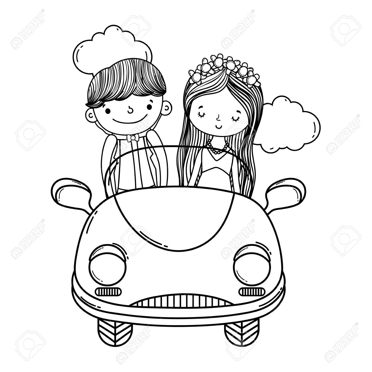 Wedding Couple Marriage On Vintage Car Cute Cartoon Vector