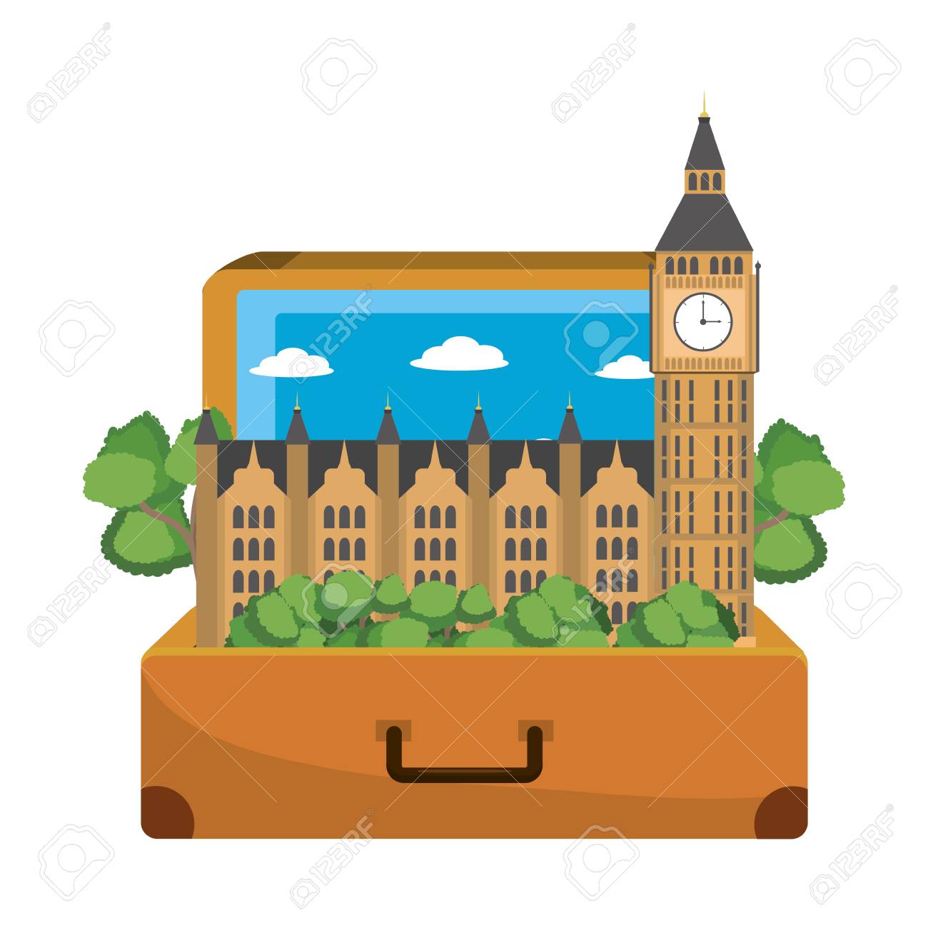 Travel Luggage With Big Ben Clock Tower And Trees Inside Isolated