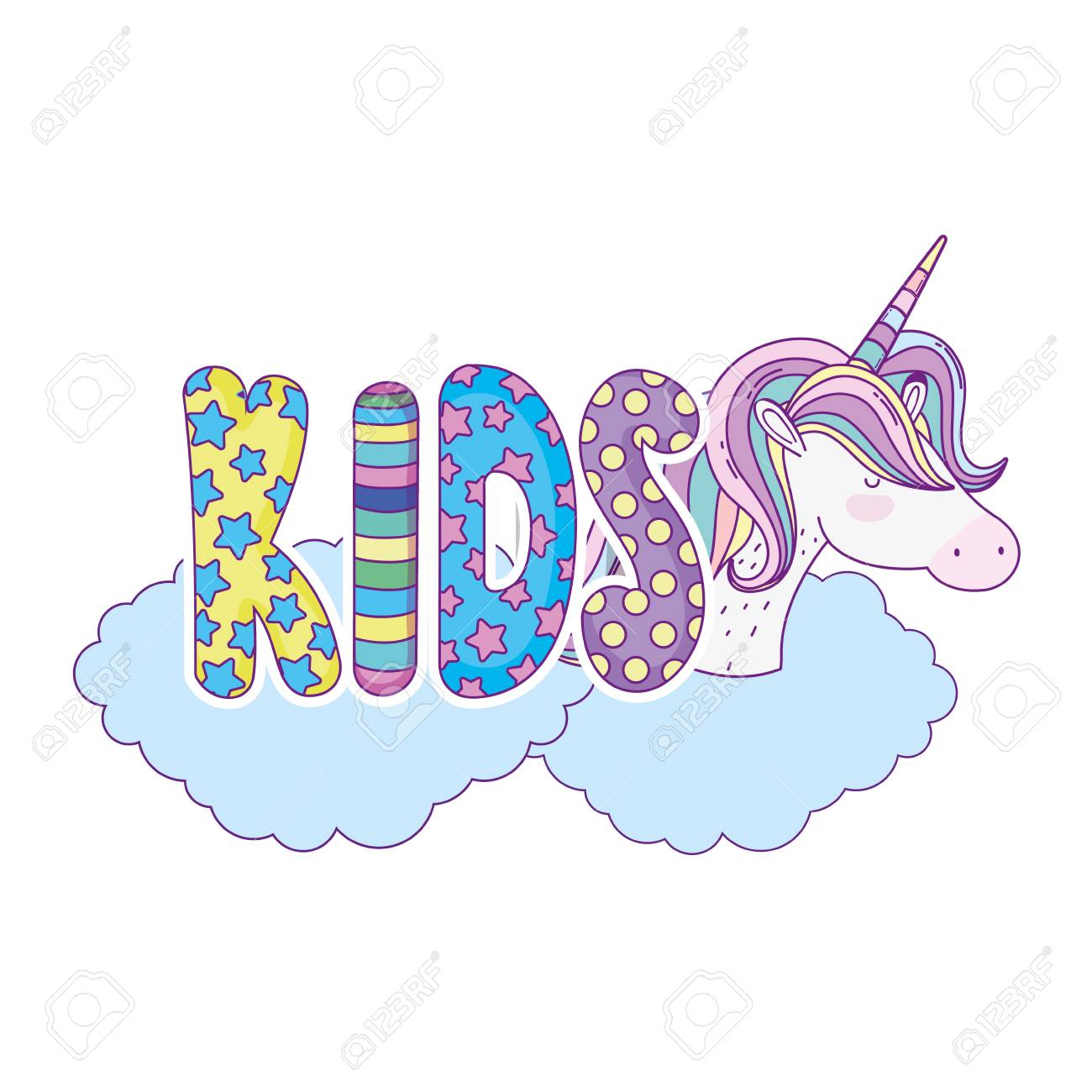 cute unicorn with kids word in the clouds vector illustration unicorn word