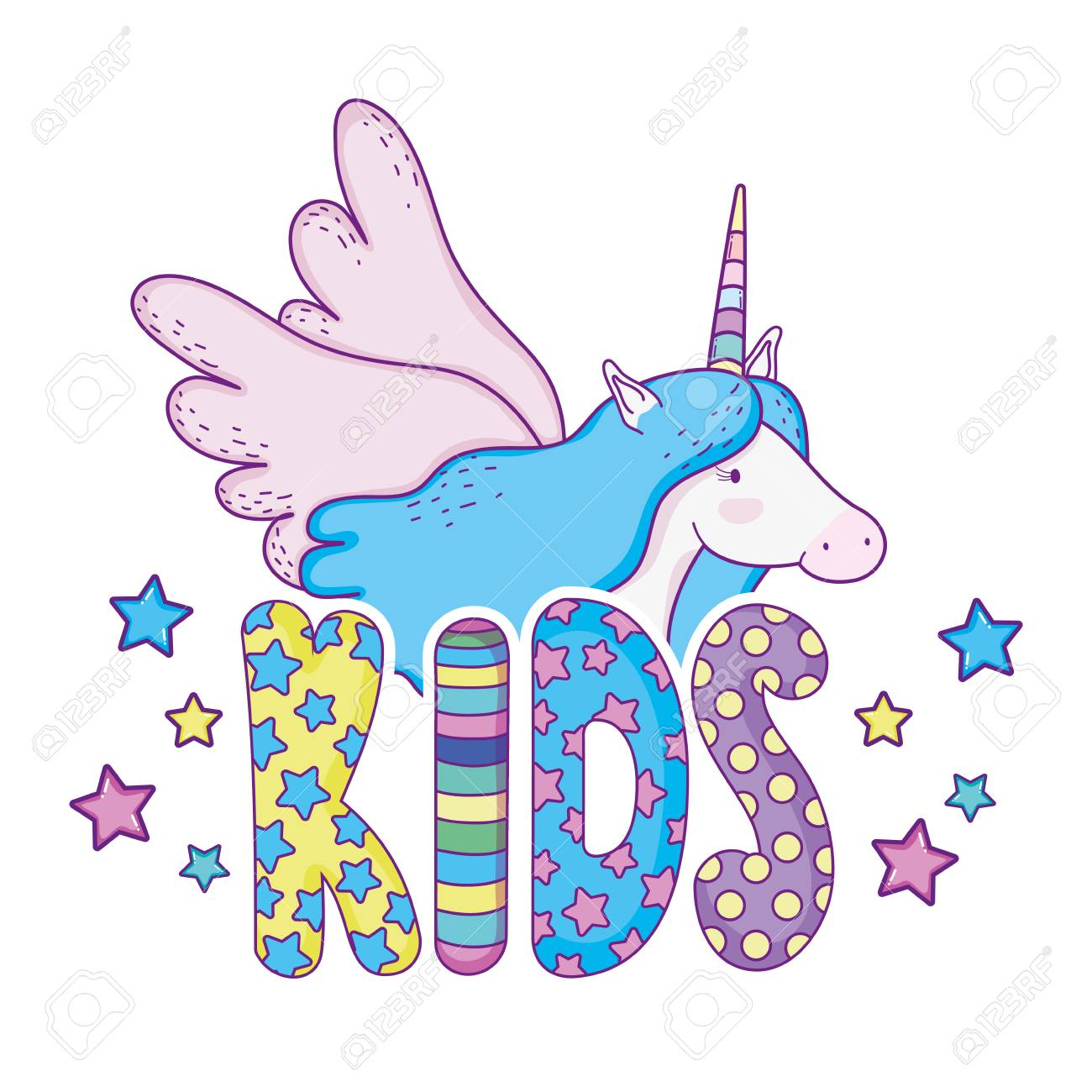 cute unicorn with kids word fairytale character vector illustration unicorn word