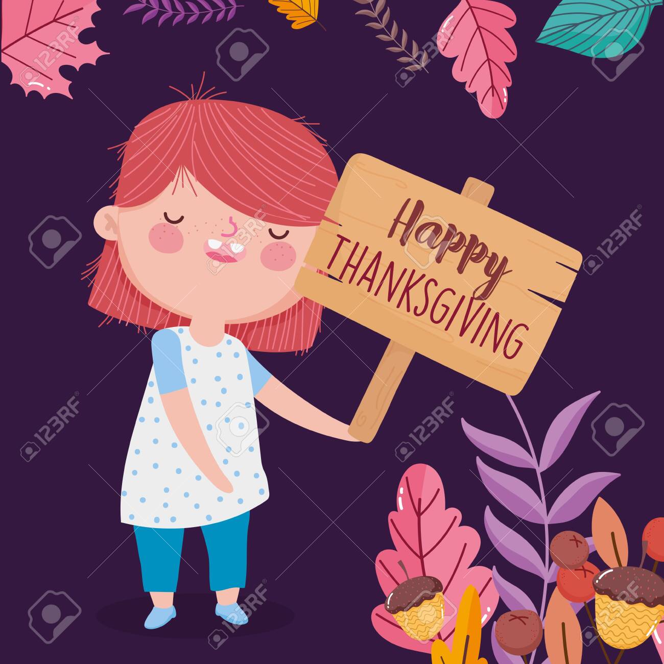 Happy Thanksgiving Day Cute Girl Holding Wooden Sign Royalty Free Cliparts Vectors And Stock Illustration Image 134032671