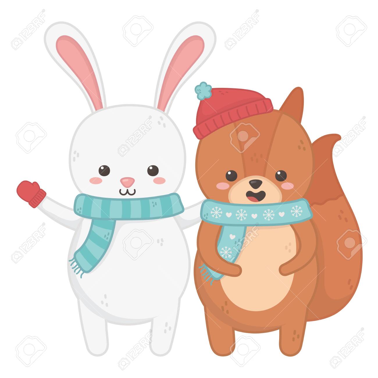 スカーフとミトンメリークリスマスベクターイラストとかわいいウサギとリス のイラスト素材 ベクタ Image