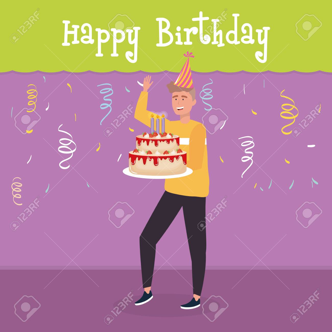 Happy Birthday Man With Cake Confetti Celebration Party Event Royalty Free Cliparts Vectors And Stock Illustration Image 136001448