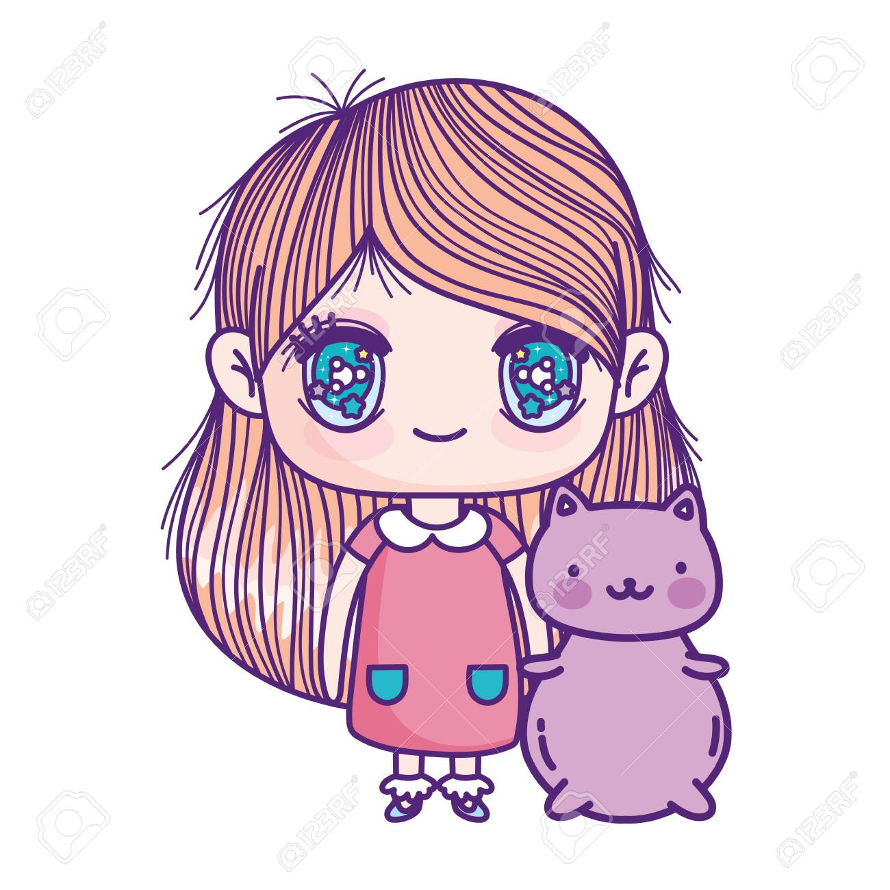 Kids Cute Little Girl Anime Cartoon With Cute Cat Royalty Free Cliparts Vectors And Stock Illustration Image