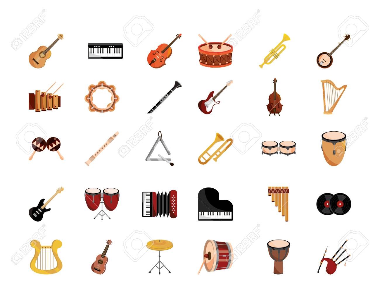 Instrumentos Musicales Cuerda Viento Percusión Conjunto De Iconos Ilustración Vectorial Icono Aislado Svg, Vectoriales, Clip Vectorizado Libre Derechos. Image