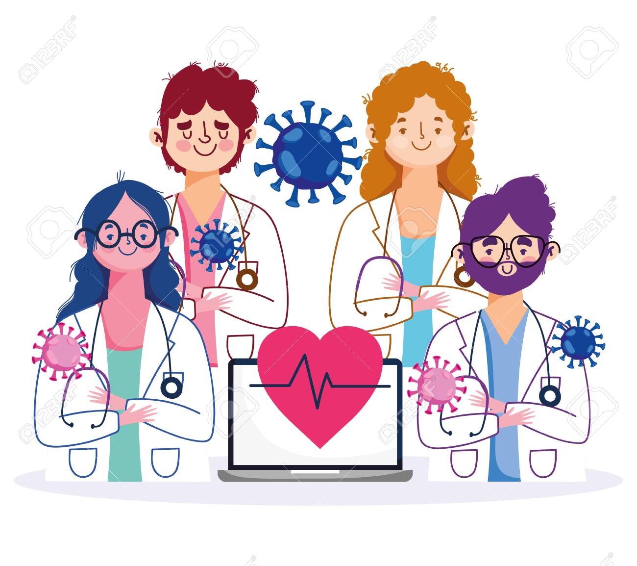 online health, staff female and male doctors with laptop and stethoscope characters vector illustration covid 19 pandemic - 143200403 online health, staff female and male doctors with laptop and stethoscope characters vector illustration covid 19 pandemic - 143200403