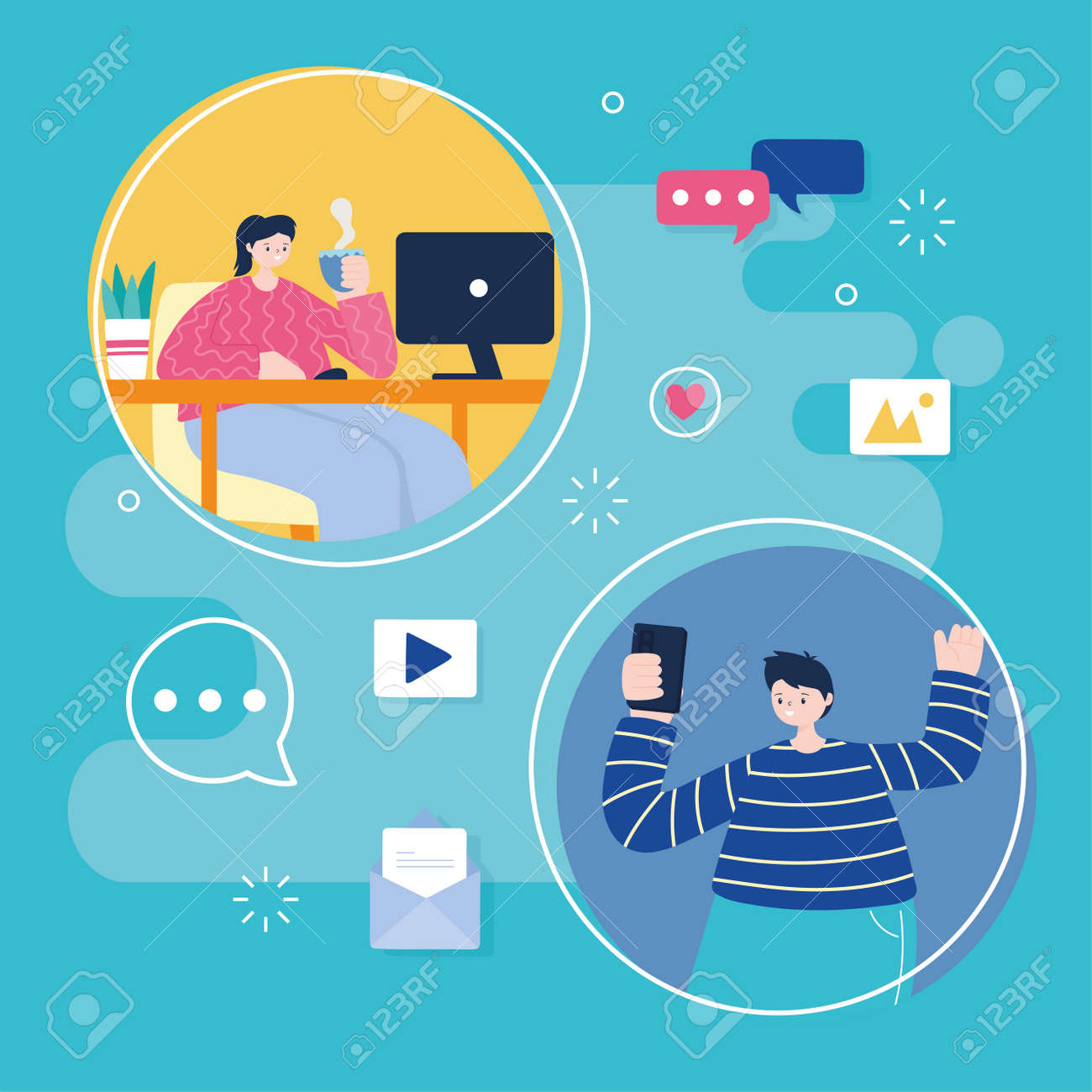young man with mobile and woman with laptop networking and social media - 147673116 young man with mobile and woman with laptop networking and social media - 147673116