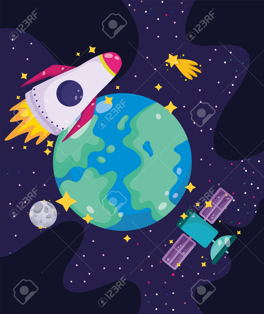 우주 행성 지구 로켓 위성 달 유성 만화 벡터 일러스트 레이 션 로열티 무료 사진, 그림, 이미지 그리고 스톡포토그래피. Image  162049498