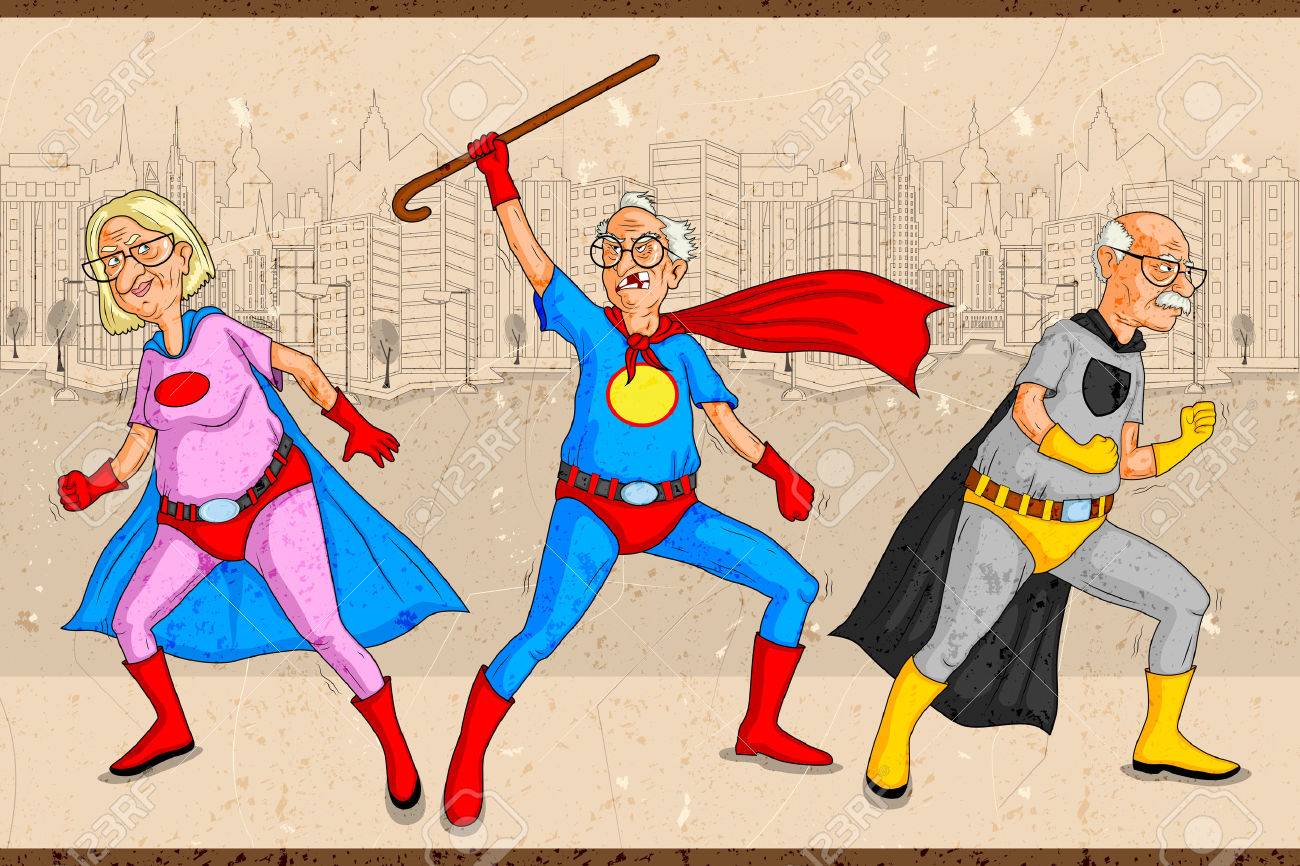retro style comics superhero old man and woman showing is power superhero power