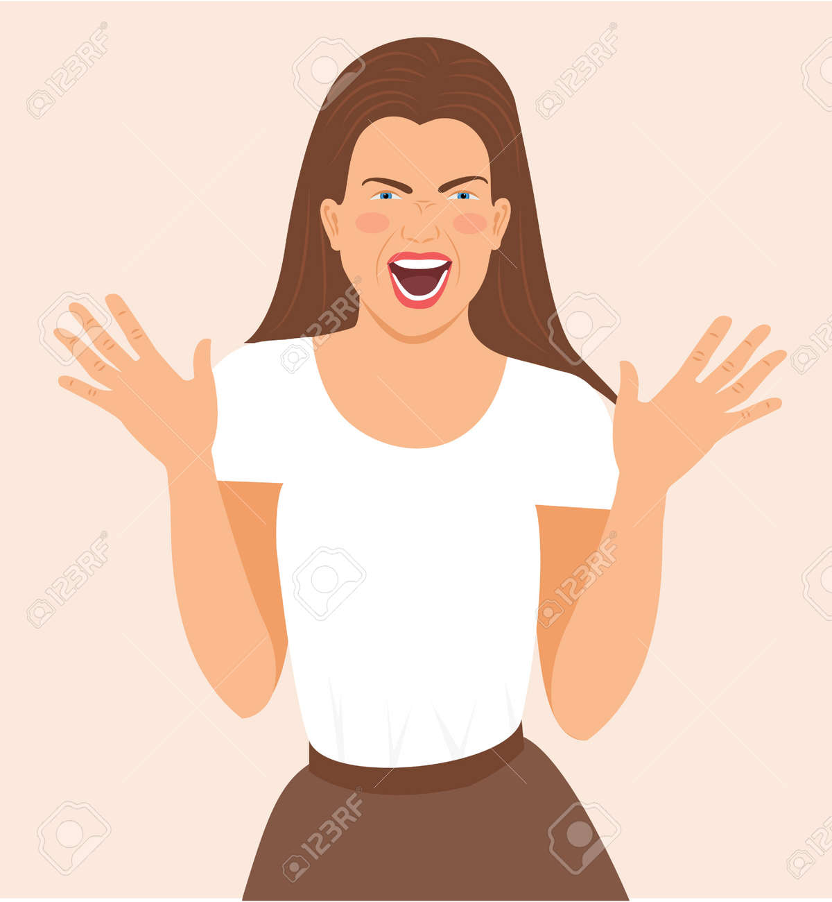 Excited happy lucky woman raising palms and screaming for joy. Cheering, raising palms in supportive move smiling joyfully, shouts loudly. Rejoice success, cheers celebrates victory vector illustration - 167724019 Excited happy lucky woman raising palms and screaming for joy. Cheering, raising palms in supportive move smiling joyfully, shouts loudly. Rejoice success, cheers celebrates victory vector illustration - 167724019