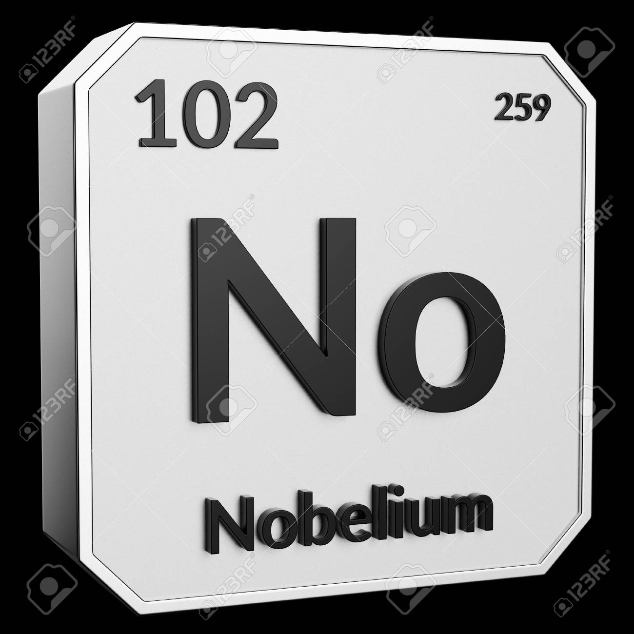 3d Text Of Chemical Element Nobelium, Its Atomic Weight, Periodic Number,  And Symbol On Shiny Metal Geometry With A Black Background. This Image Is A  3d Render. Stock Photo, Picture And Royalty