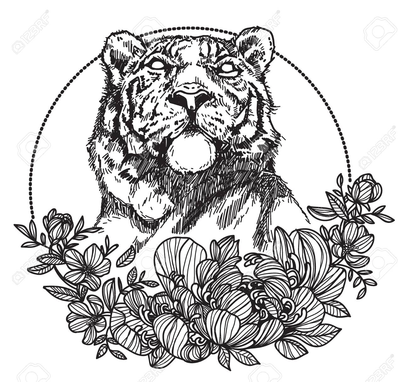 Tattoo Art Tiger Hand Drawing And Sketch Black And White With