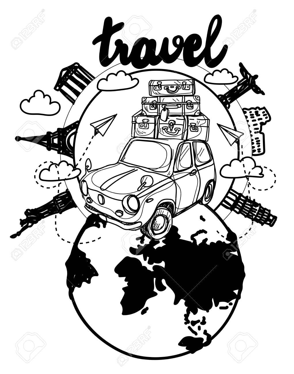 Drawing The Car Travel Around The World Royalty Free SVG, Cliparts,  Vectors, and Stock Illustration. Image 147874959., image size:1021x1300