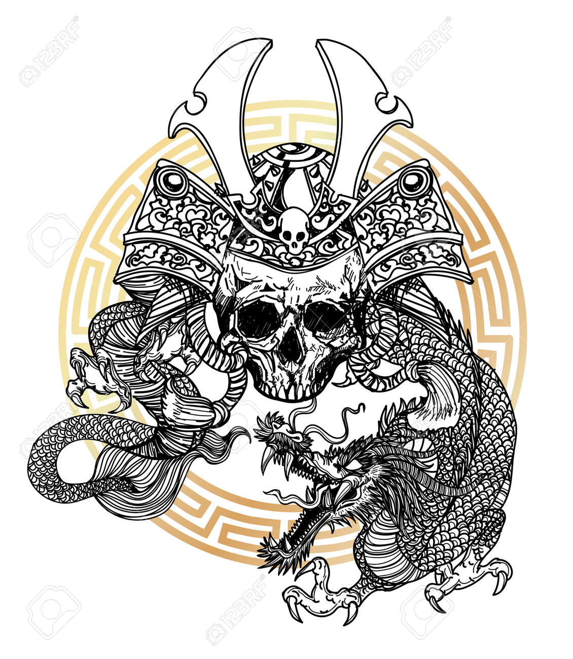 Tattoo Art Warrior Head Japanese Sword And Dragon Drawing Literature Hand Drawing  Sketch Royalty Free SVG, Cliparts, Vectors, and Stock Illustration. Image  182342738., image size:1130x1300