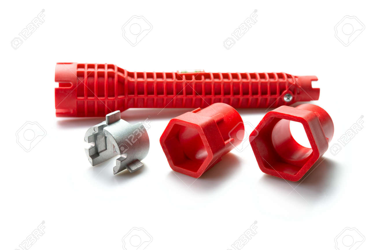 Close-up of Pipe wrench tool for repair sink strainers at a shallow depth of field isolated on white background. Selective focus. - 166001306 Close-up of Pipe wrench tool for repair sink strainers at a shallow depth of field isolated on white background. Selective focus. - 166001306