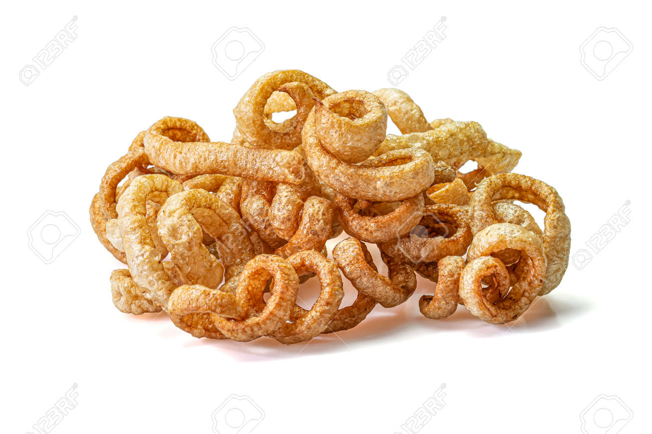 Pork snack or Pork rind leather lean pork fried crispy and blistered isolated on white background. Thai food, Close-up - 166001367 Pork snack or Pork rind leather lean pork fried crispy and blistered isolated on white background. Thai food, Close-up - 166001367