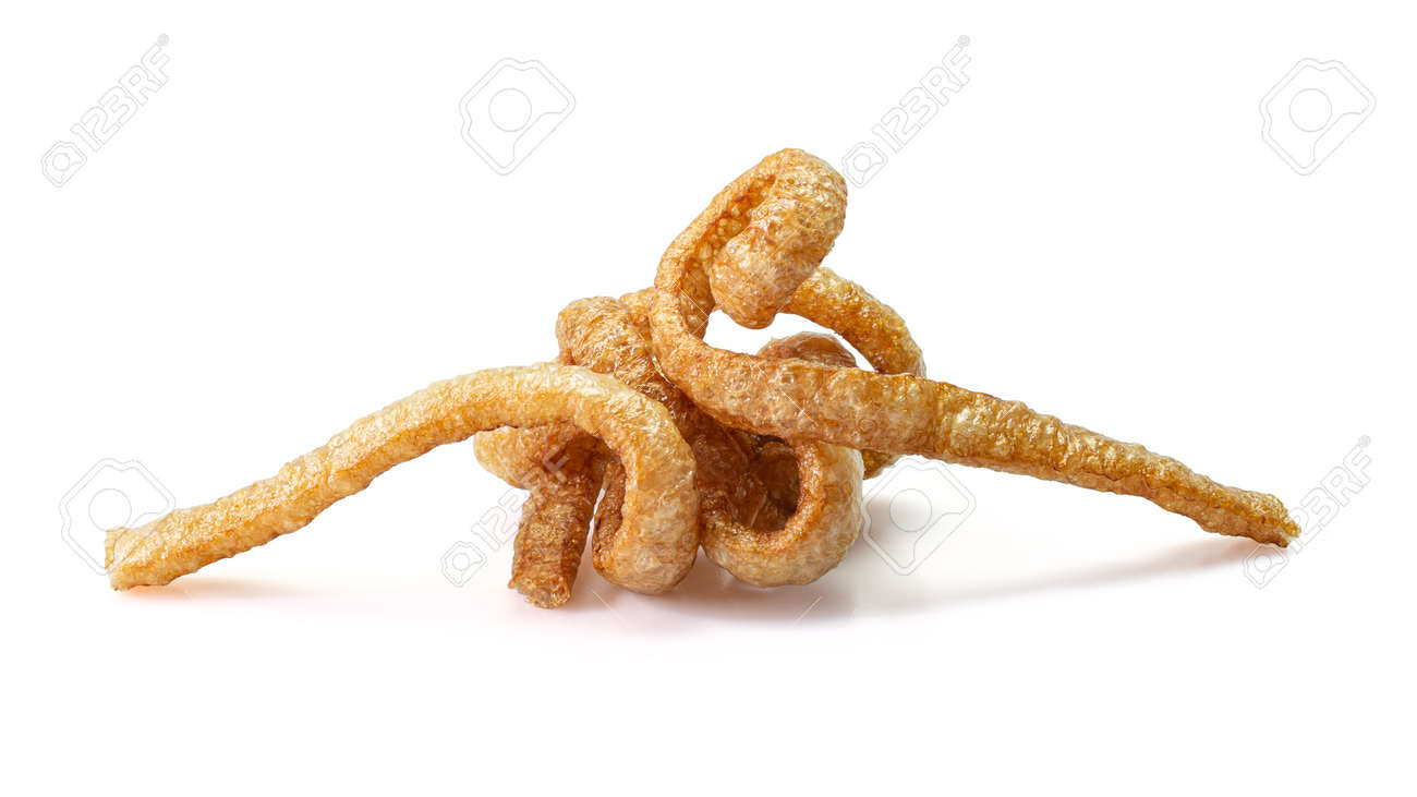 Pork snack or Pork rind leather lean pork fried crispy and blistered isolated on white background. Thai food, Close-up - 166001377 Pork snack or Pork rind leather lean pork fried crispy and blistered isolated on white background. Thai food, Close-up - 166001377