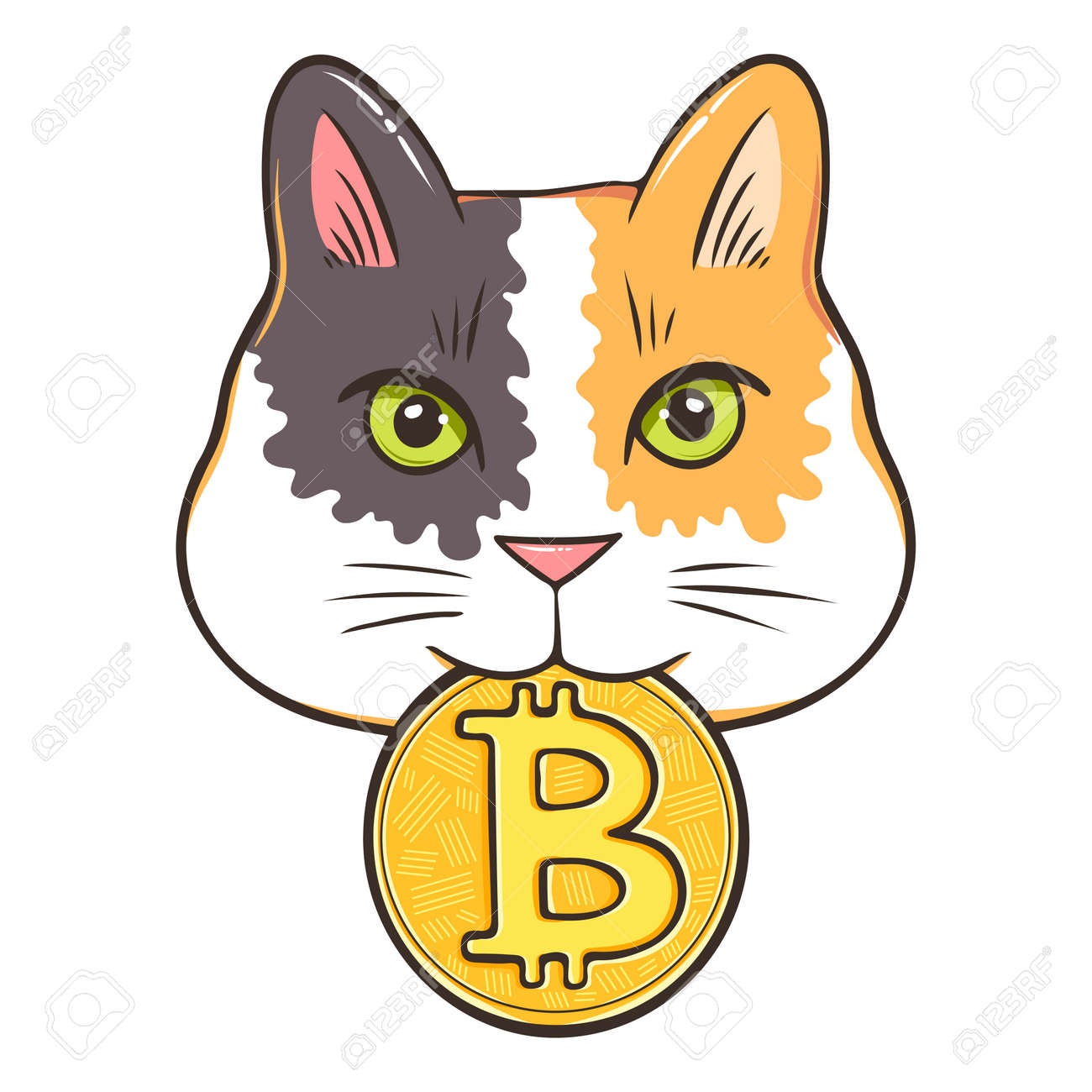ビットコインを口に持つ幸運な三毛猫、猫と暗号コインを愛する人のための面白いポスターのイラスト素材・ベクター Image 185950728