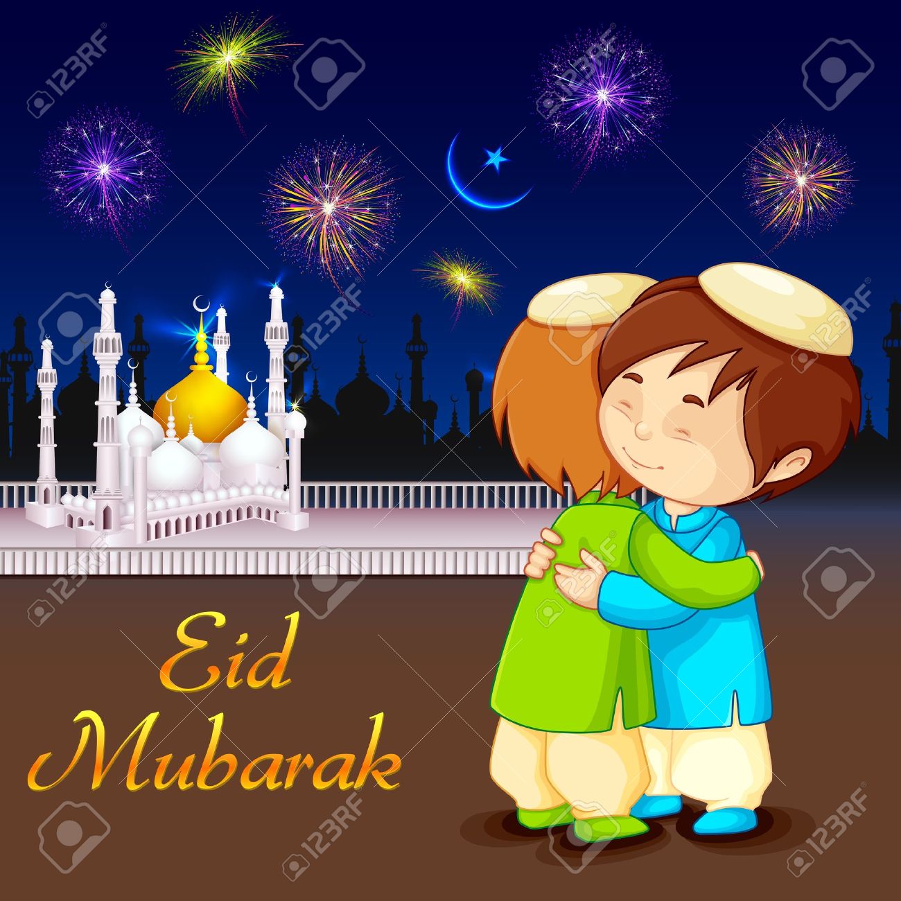 vector illustration of people hugging and wishing eid mubarak stock